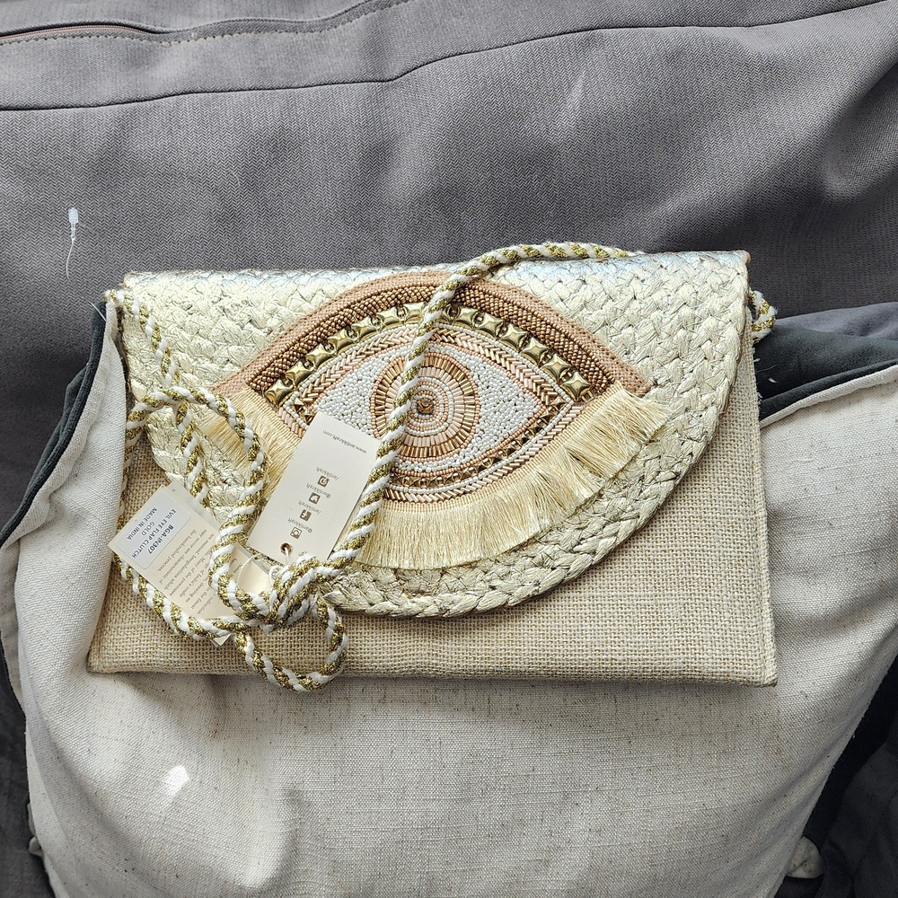Handcrafted Cream Woven Fringe Clutch with Braided Strap